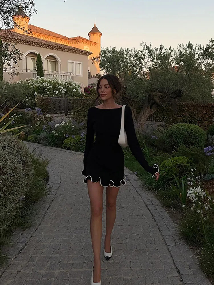 Yellow Curled Edge Knitted Mini Dress Women Fashion Round Collar Flare Long Sleeve Slim Vestido 2025 Lady Casual Holiday Dresses 250529