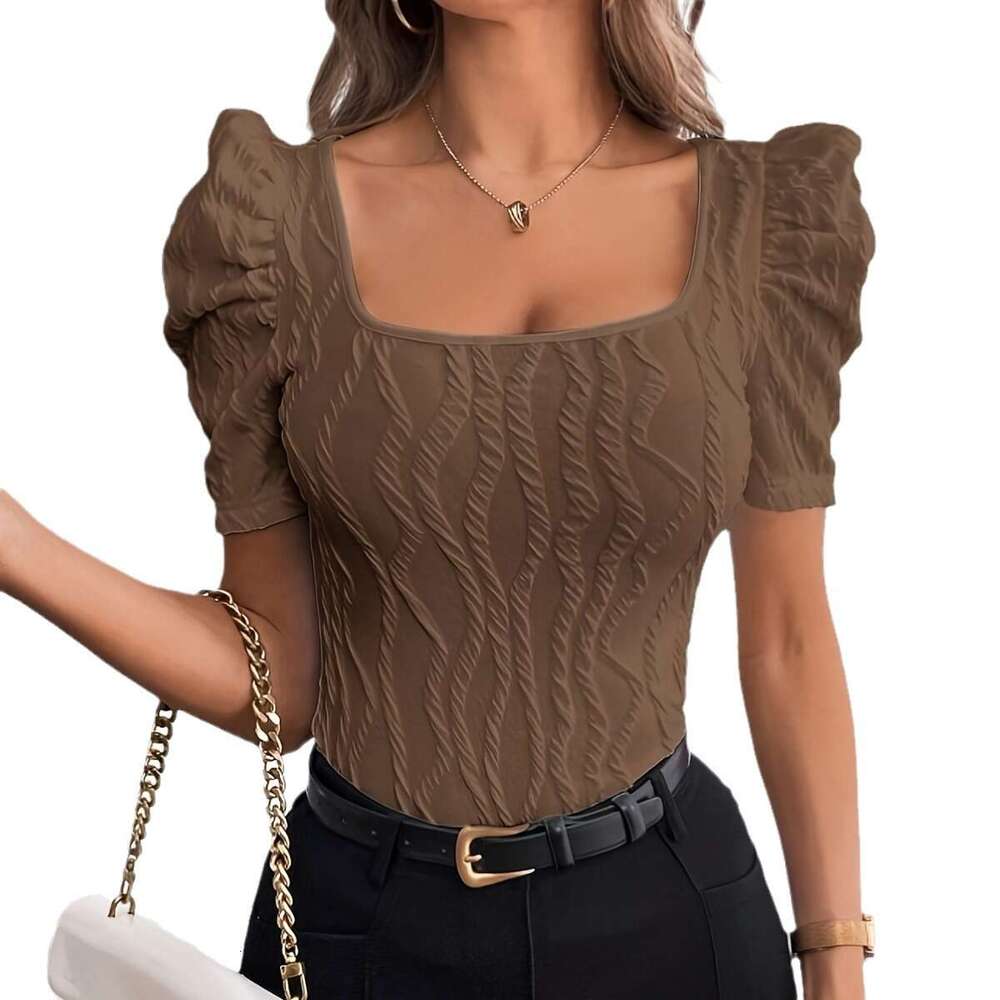 Waist-Cinching Casual Short Textured Leg-Of-Mutton Sleeve T-Shirt B5
