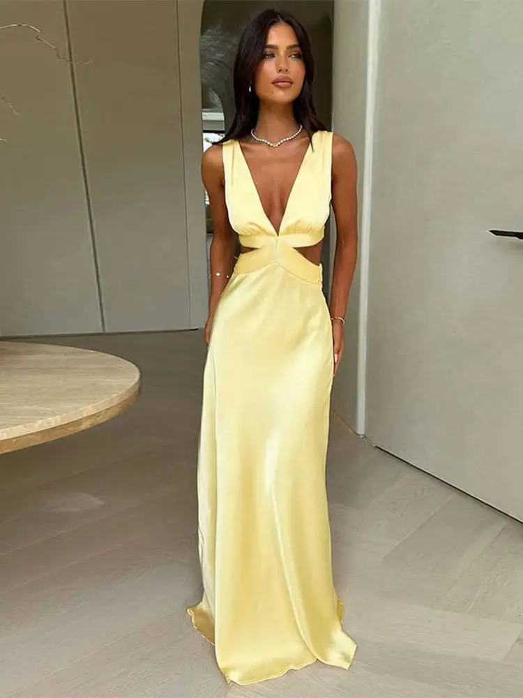 2025 Summer Women Yellow Stain Maxi Dresses Elegant Sling Backless Hollow Out V-neck Sleeveless Gown Beach Wedding Vacation Wear 250604