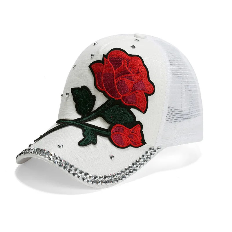 Embroidered rose baseball cap with mesh and diamond inlay summer womens versatile casual sun protection hat 250603