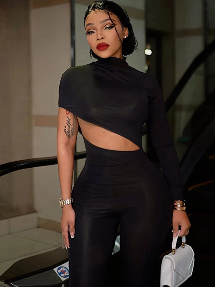 Dulzura One Shoulder Long Sleeve Cut Out Jumpsuit For Women Bodycon Sexy Streetwear Rompers Club Party Outfits Spring Summer 250605