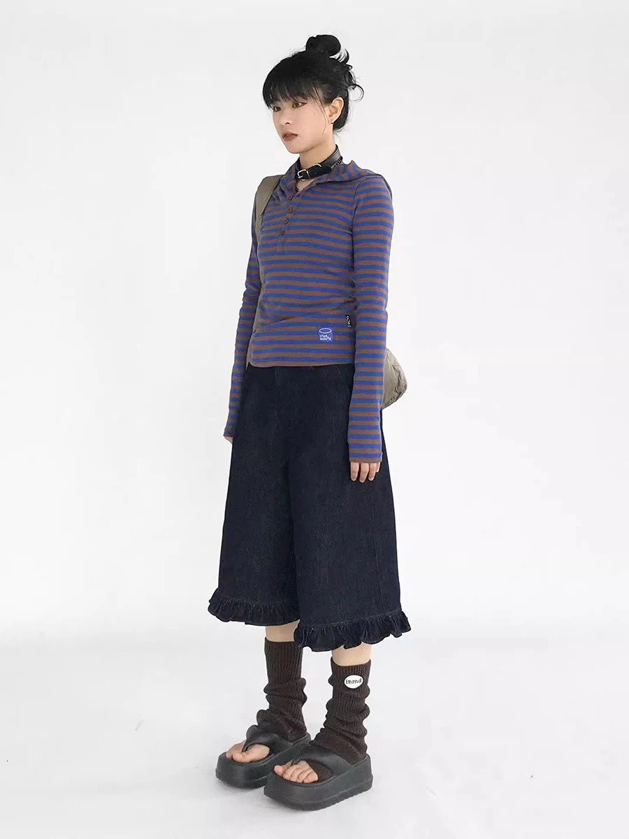 REDDACHiC Dark Blue Ruffled Denim Shorts Women Solid Casual High Waist Knee Long Frilly Baggy Jorts Y2k Retro Summer Streetwear 250604