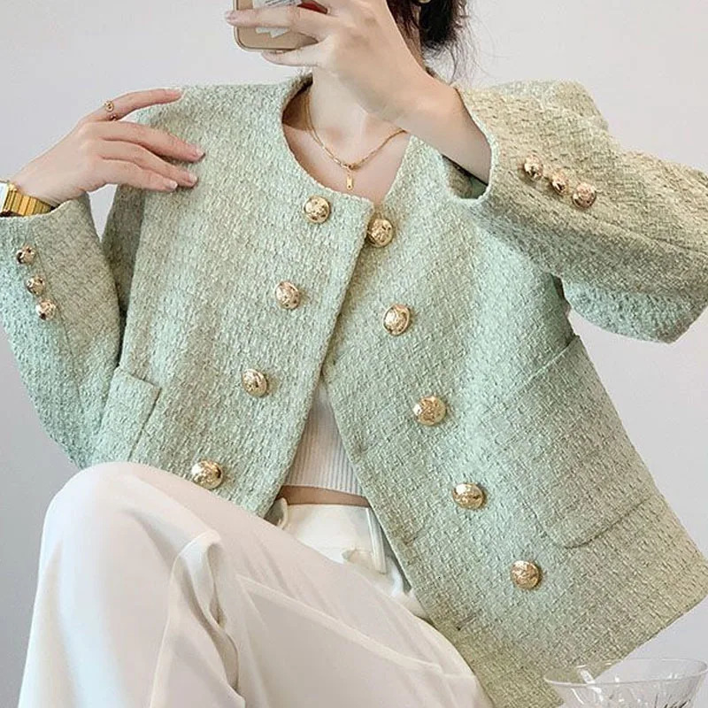 Spring and Autumn Fashion French Celebrity Double Breasted Small Fragrant Coat Versatile Western Short Womens Long Sleeved Top 250530