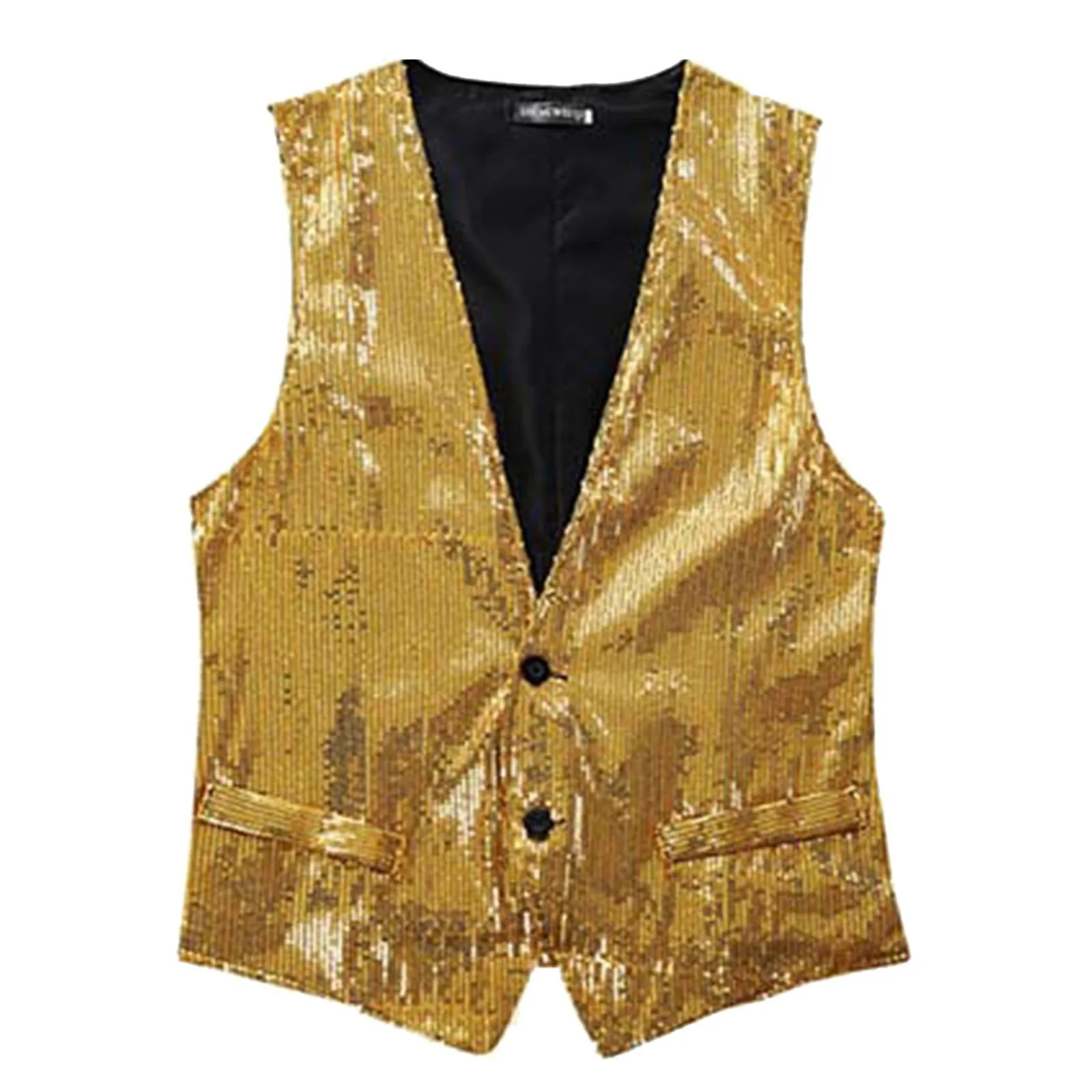 Sleeveless Sequin Waistcoat Mens Vest Sexy Vneck Wedding Party Dancer Singer Jacket Yellow Blue Black Sequins Coat 250605Z