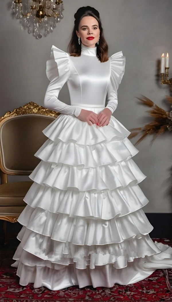 Tiers Satin A-Line Prom Dresses Long Sleeves High Collar White Special Occasion Gown Floor length Customized evening