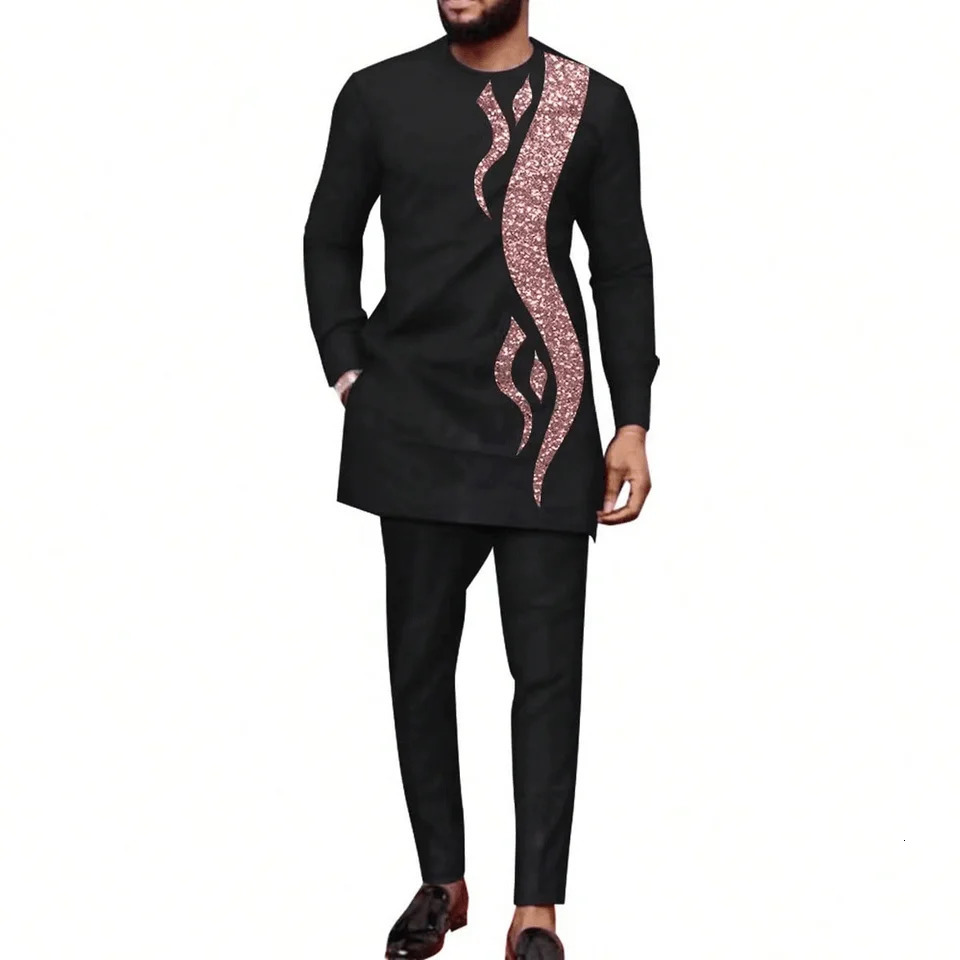 Kaftan Africa Full Mens suit Long sleeve solid color top pants suit Elegant business party wedding mens suit 250603