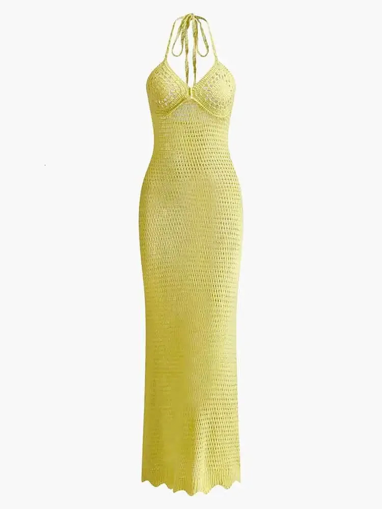 Solid Colour Sexy Knit Cut Out Holiday Beach Dresses Womens 2025 Summer Sexy V-Neck Spaghetti Strap Bodycon Maxi Dress K32 250604