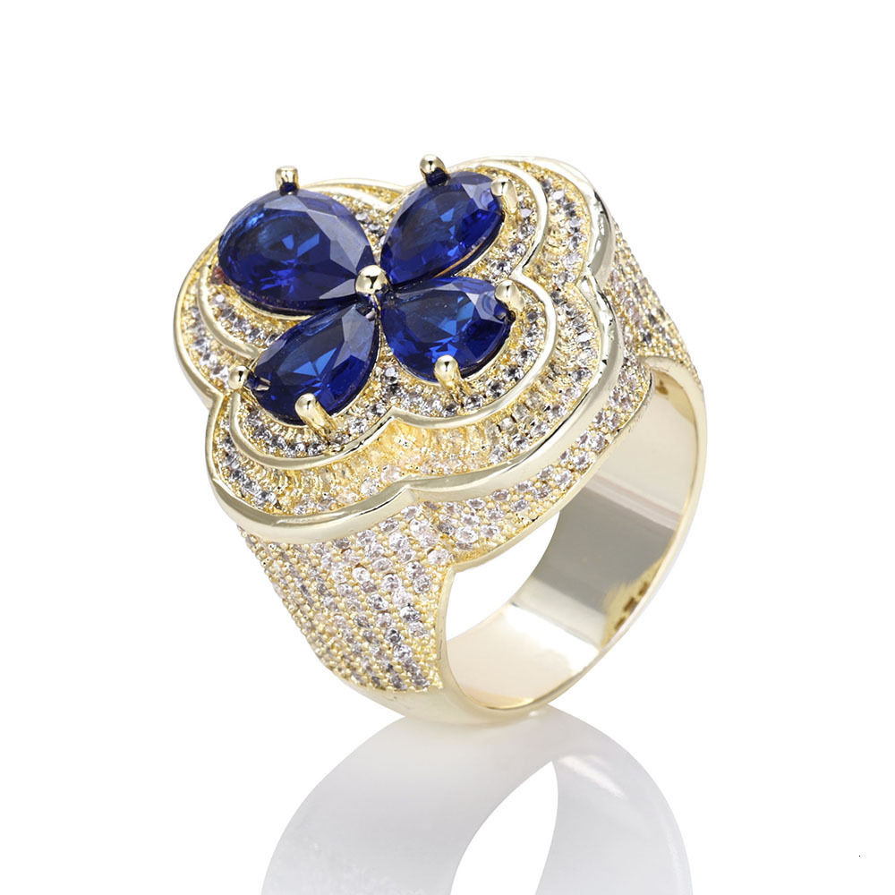 New Blue Flower Design Ring for Men Hip Hop Micro Paved Moissanite Four-Leaf Clover Ring moissanite