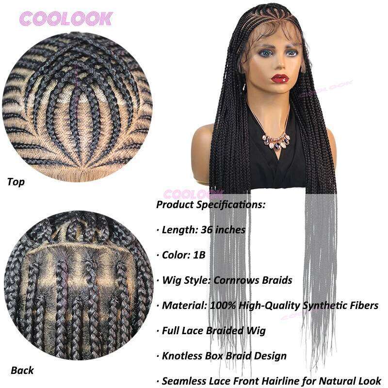 Cornrow Synthetic For Black Women 36" Full Lace Wig Braid African Knotless Box Braids Hair Braided Wigs