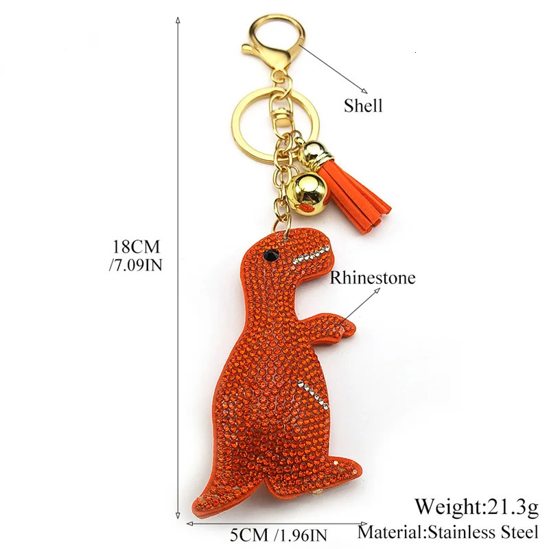 Two Kawaii Dinosaur Animal Keychain Women Men Orange Green Color Rhinestone Tassel Female Charm Bag Decoration Key Ring Jewelry 250605