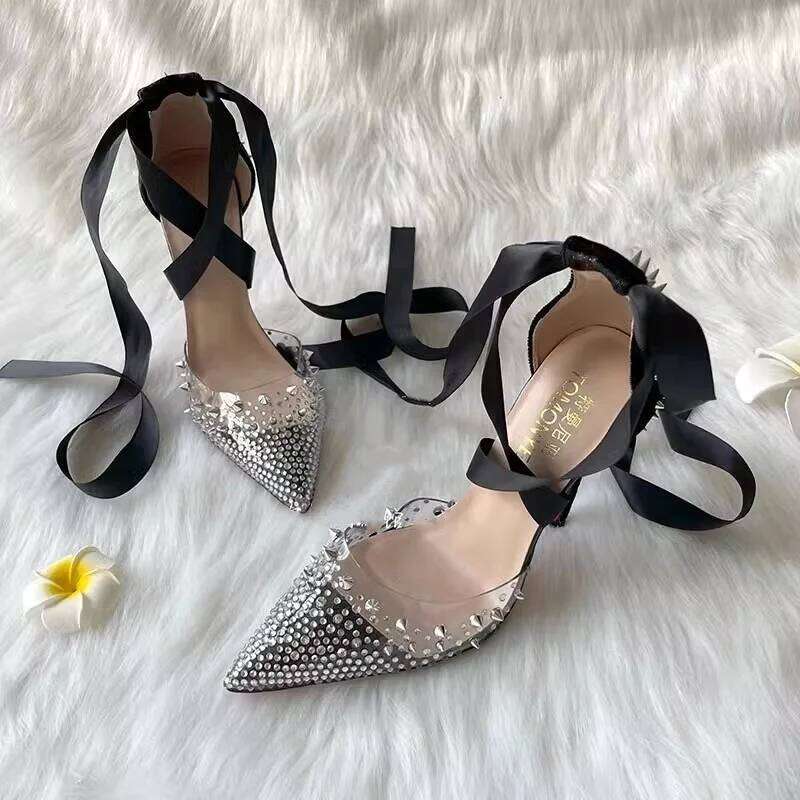 Spring and summer new rivet rhinestone pointed toe PVC lace-up shoes thin high-heeled dress large small size women's sandal