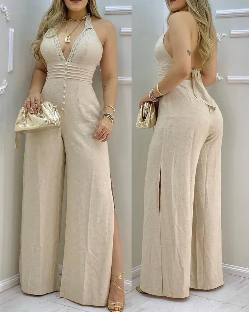 Women Jumpsuits Lace Trim Buttoned Backless Slit Jumpsuit 250530
