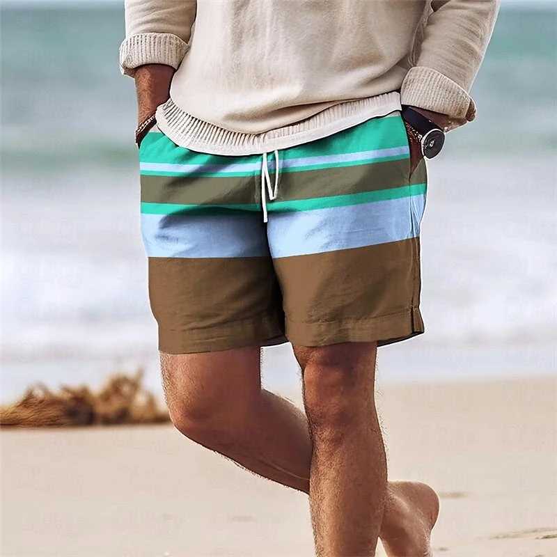 Stripe Colorful 3D Printed Short Pants For Men Clothes Color Splicing Beach Shorts Harajuku Fashion Vacation Hawaiian Bermudas XJ250605
