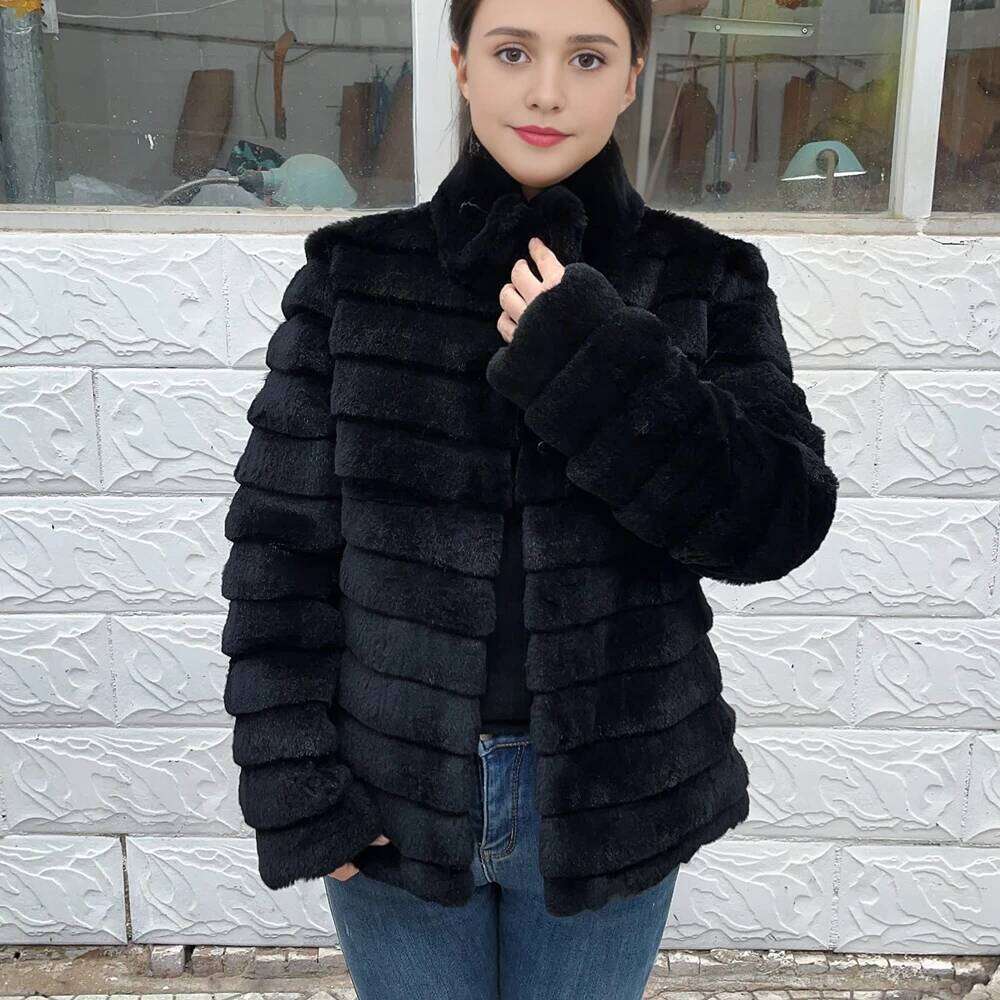 Fancy Rani Rex Rabbit Coat Women Winter Jacket Real Leather And Fur Clothing Female Outerwears With 2024 Black Cold