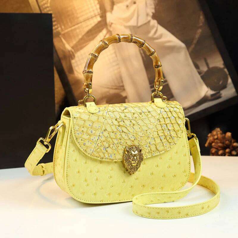 Lion Head Gold Handbag Brand Ostrich Pattern Fashion Design Genuine Leather Lady New Bamboo Handle Versatile Bag