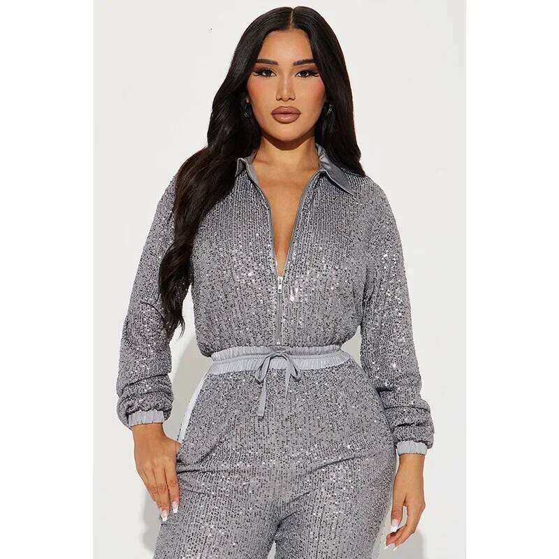 Women Sexy Deep V Jumpsuits Sequins Long Sleeve Zipper Elegant Spring Autumn Thin Female Casual Street Straight Rompers