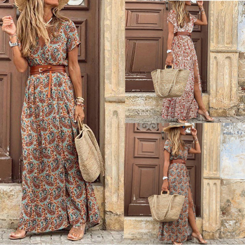 Summer Dresses Fashion Bohemian V-neck Floral Elegant Beach Maxi Long Dress Women Robes Vestidos Ladies Vacation Holidy Skirt