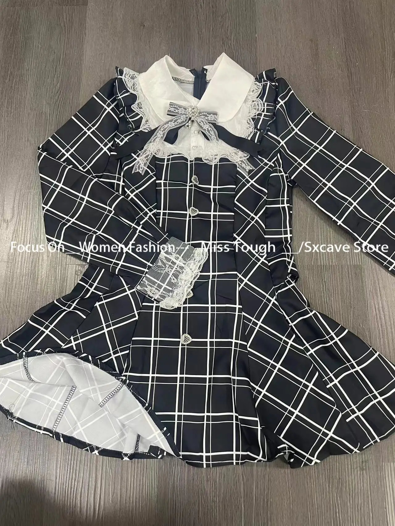 Harajuku Sweet Bow Black Plaid Dresses Allmatch Slim Fit Kawaii Lolita Dress for Women Autumn Long Sleeve Vestidos De Mujer 250526