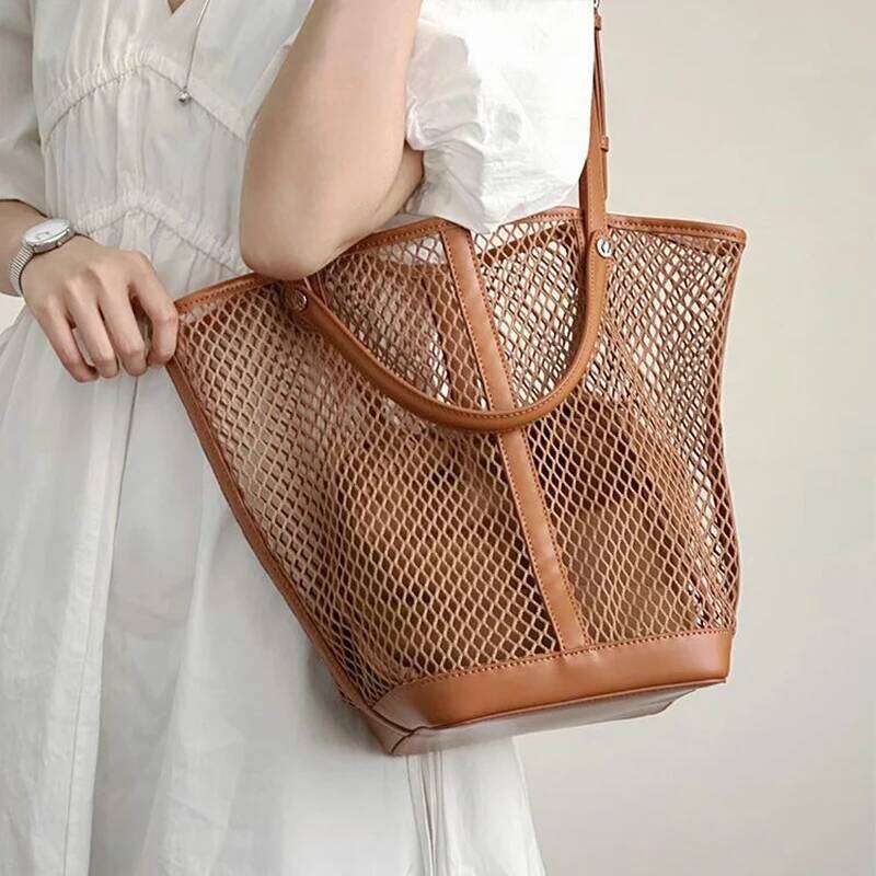 Brand Hand woven Large Capacity Vegetable Handbag Hollow Mesh Summer Beach Vacation Shopping Mother child Net Shoulder Bag