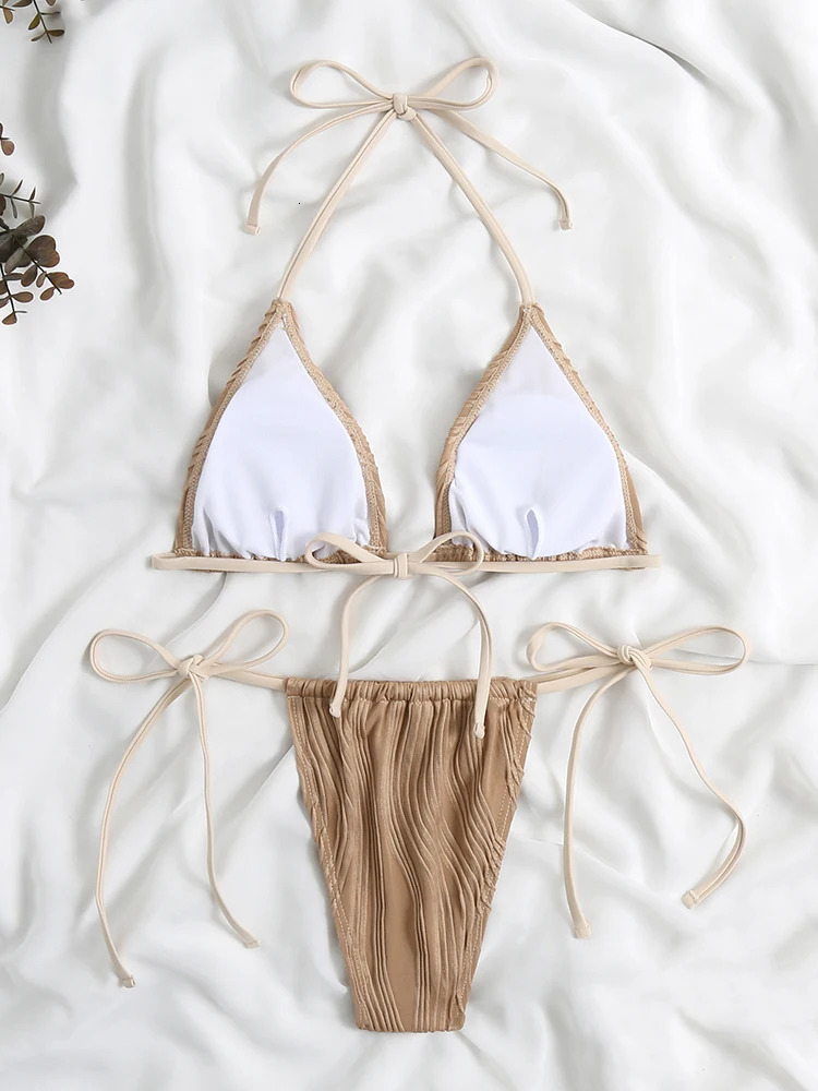 OIINAA Pleated Bikini Set Women Sexy Swimsuit Halter Lace Up TwoPiece Backless Female Swimwear Bathing Summer Fashion Beachwear 250604