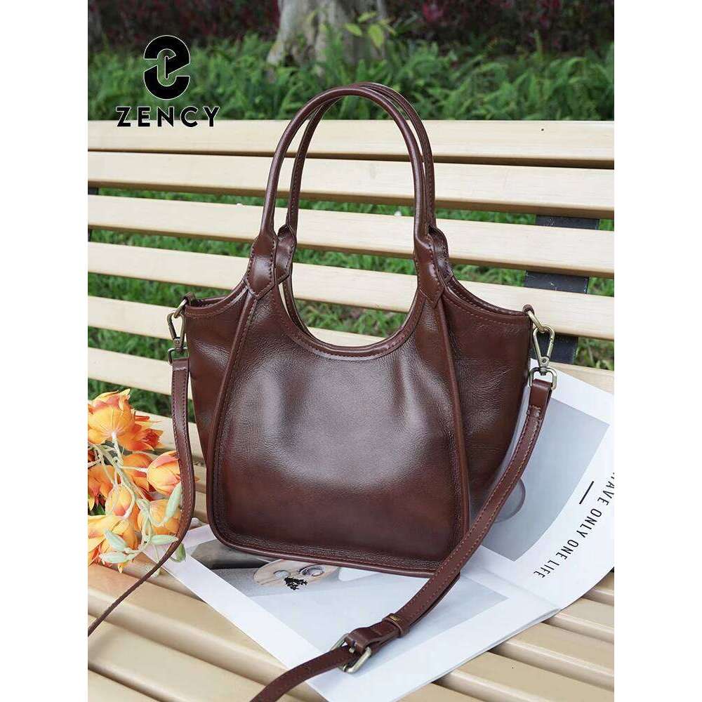 Zency Oil Wax Leather Top Handle Bags for Women Trendy 2025 Vintage Shoulder Purse Versatile Medium Size Handbag For Commute
