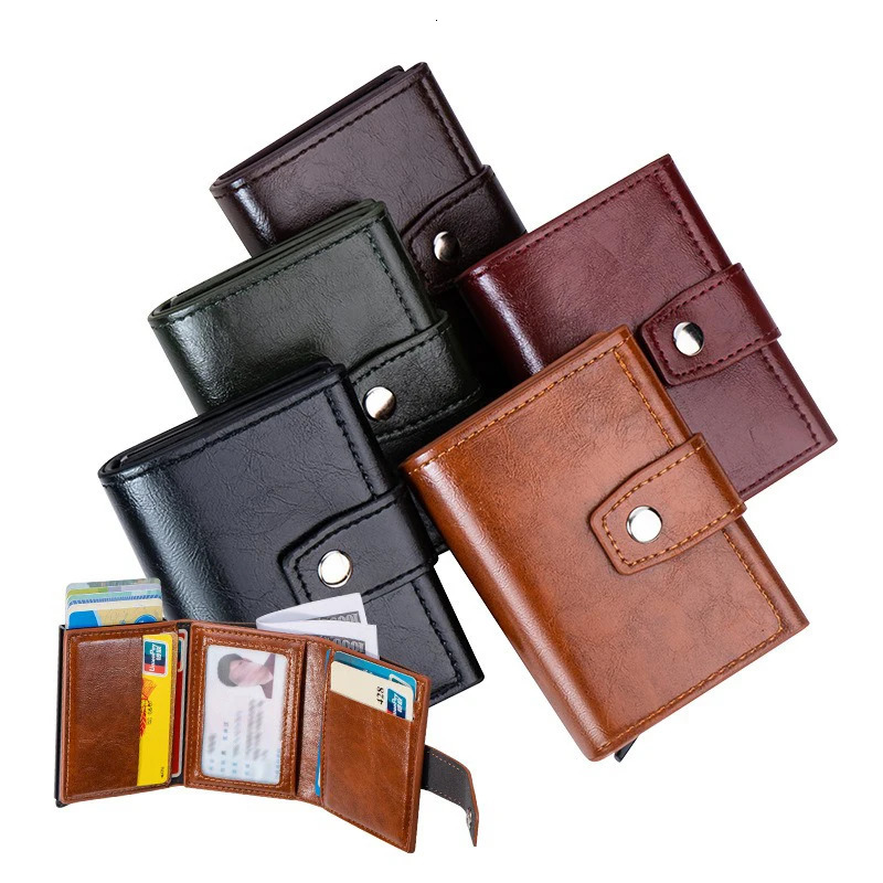 Mens Retro Bank Credit Card Holder Metal Anti Thief Rfid Smart Minimalist Wallet Women PU Leather Black Cash Cardholder 250605