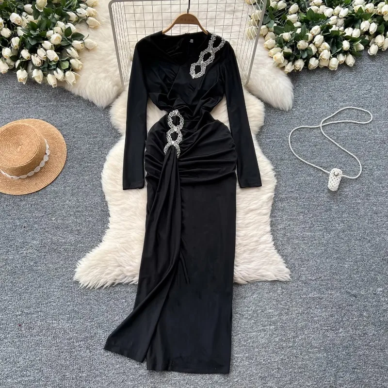 Elegant Sexy Party Dress High End Beaded V Neck Pleated Elastic Maxi Dresses Irregular Design Vestidos