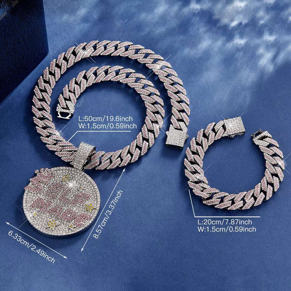 3PCS Iced Out Shiny Letter Self Made Round Medal Pendant with Round Stars Shape Necklace and Bracelet Jewelry