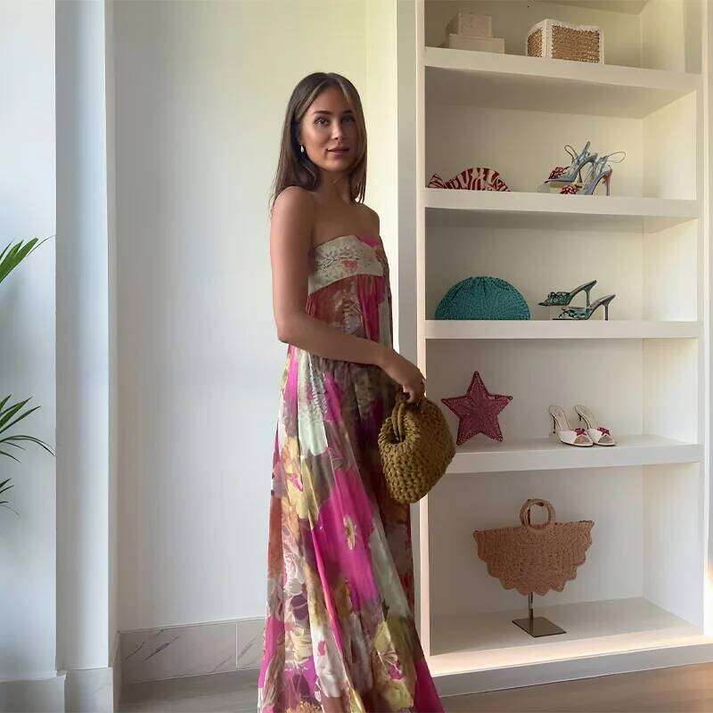 Chic Retro Floral Printed Sling Long For Women Sexy Backless High Waist Loose Maxi Dress 2025 Summer Evening Party Gowns