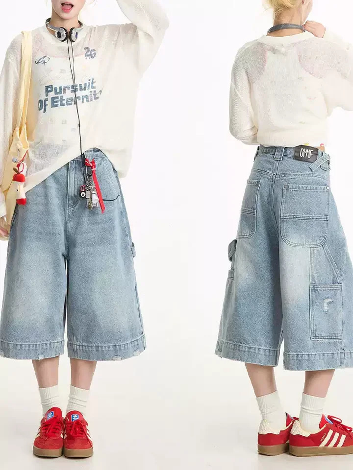 Y2K Street Vintage Washed Cat Whiskered Style Wide Leg Bermuda Jeans Knee Length Denim Jorts Casual Shorts Cropped Trousers 250604