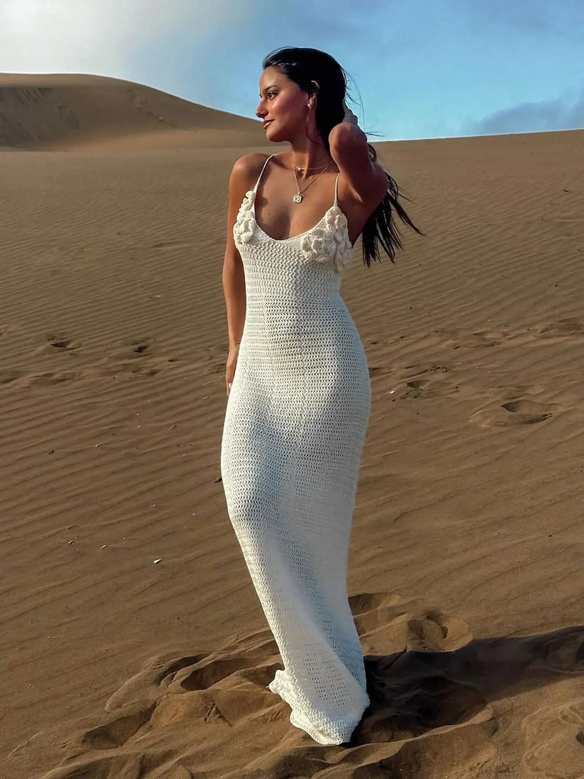 White Knit Cut Out Spaghetti Strap Flower Long Dress Sexy V Neck Bodycon Beach Maxi Dress 2025 Summer Women Holiday Outfit K79 250604
