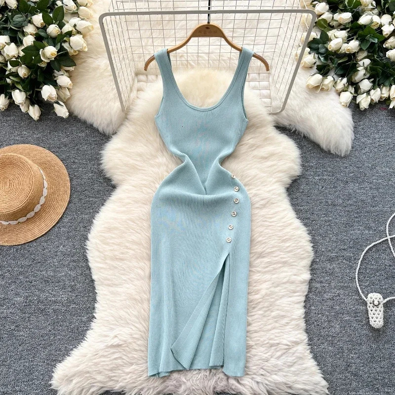 HELIAR Elastic Sexy Package Hips Knitted Long Dress Women Split Party Bodycon Summer Streetwear Outfits Dresses 250604