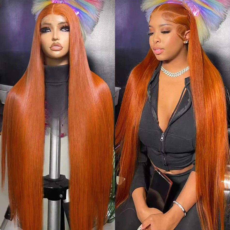 220 32 36 Inch Ginger Orange Bone Straight 13x6 Lace Front Human Hair Wig 13x4 HD Transparent Lace Frontal Wigs Synthetic
