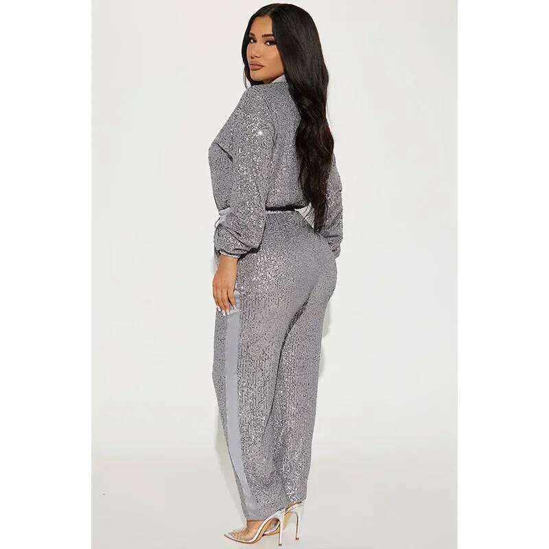 Women Sexy Deep V Jumpsuits Sequins Long Sleeve Zipper Elegant Spring Autumn Thin Female Casual Street Straight Rompers