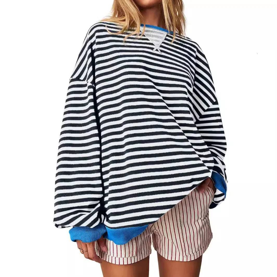 Casual Embroidered Striped Splicing Long Sleeve Crew Neck Pullover Hoodie Women's Clothing Comfortable Breathable Streetwear