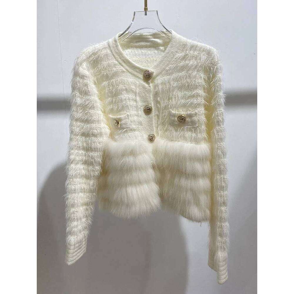 2024 Autumn Girl's Fashion Yellow Fox Cute Sweater Real Fur Spring Lovely Women Knitted Special Design Jacket Wear
