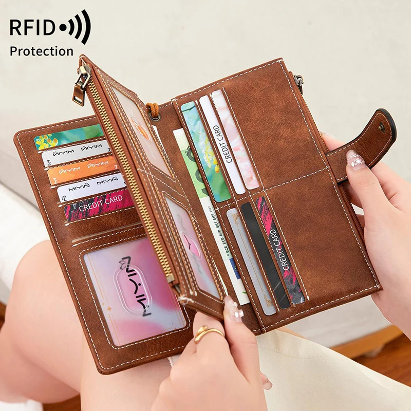 Vintage Womens Long Wallets Large Capacity Trifold Credit Card Holder RFID Blocking Purses for Women Ladies Zipper Pocket Bag 250605