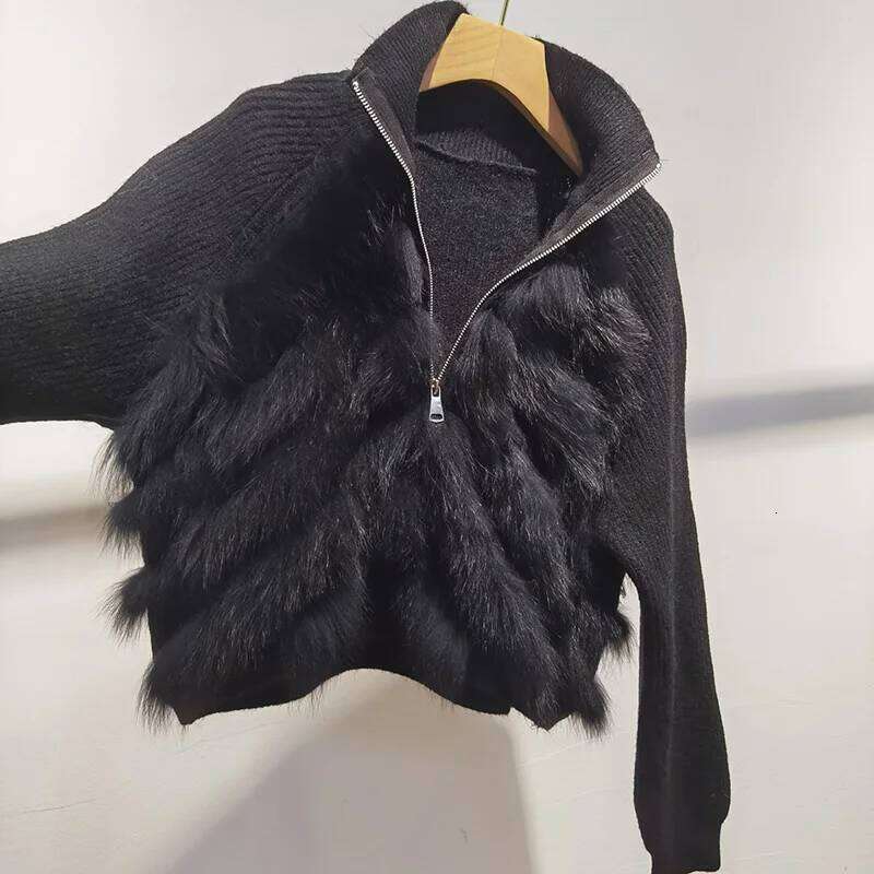 Women Short Knitted Real Fox Long Sleeve Genuine Fur Trimming Pullover Female Jumpers With Zipper