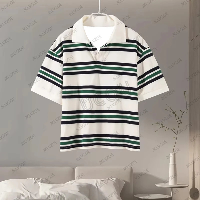 Summer Casual Striped Polo Shirt Vintage Short Sleeve Lapel Tops Fashion Oversized Loose Streetwear Y2K Tees 250604