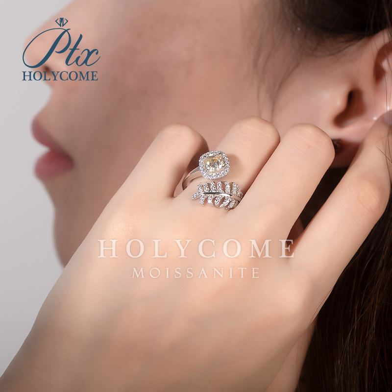 Custom 1CT Champagne Moissanite Finger Rings Jewelry Party Anniversary Feather Shape Gemstone Cushion Diamond 925 Silver Cluster Ring for Women