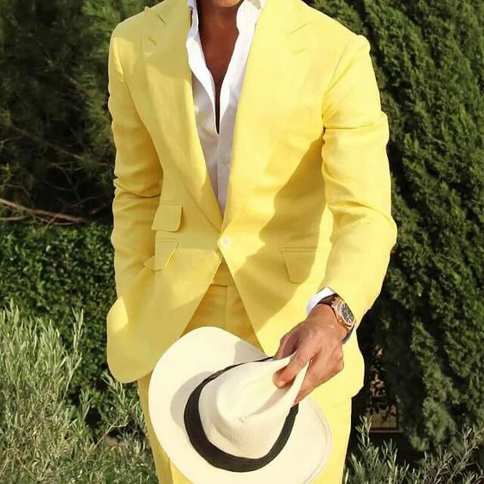 2024 Yellow Linen Beach Men Suits Slim Fit 2 Piece Wedding Groom Tuxedo ed Lapel Male Fashion Costume Blazer With Pants 250605A