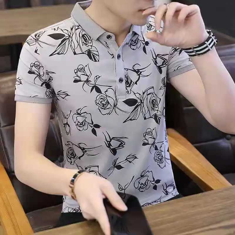 Man 100. Cotton Polo Shirts Print Skinny with Collar T Shirt for Men Party Fashion High Quality Luxury Short Quarter Sleeve HotXJ250605