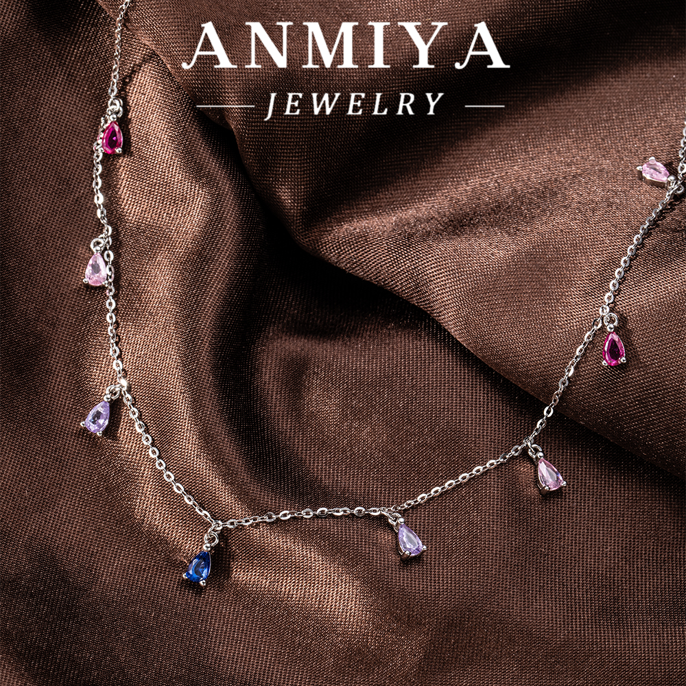 Sparkling Colorful Zircon Accented Silver Jewelry Layered Multi Water Drop Pendant, Tarnish-Resistant 925 Necklace for Daily