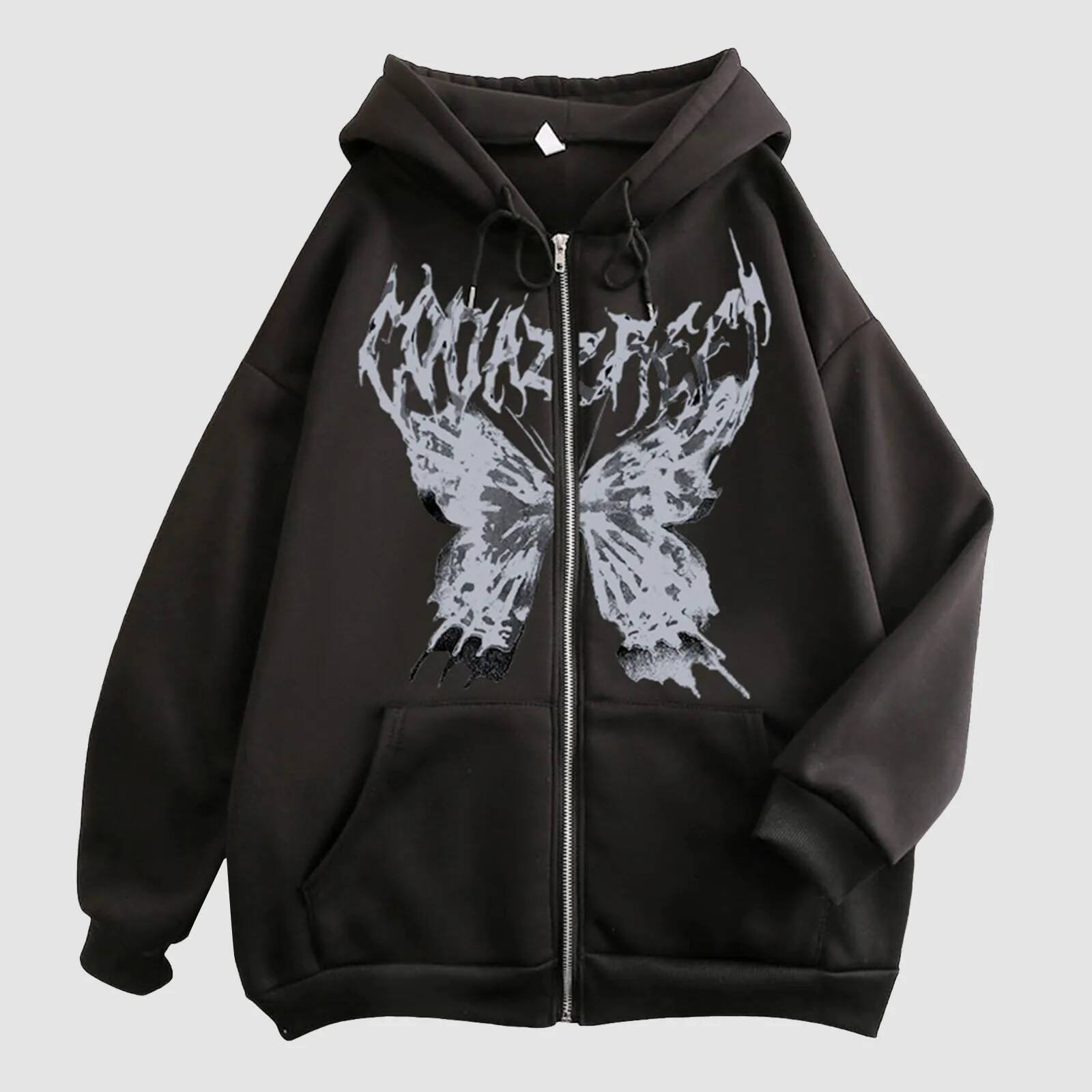 Y2k Haruku Women Hoodie Coat Autumn Gothic Butterfly Printed Sweatshirt Zip Up Long Sleeve Hooded Sweatershirt Pocket Jacket
