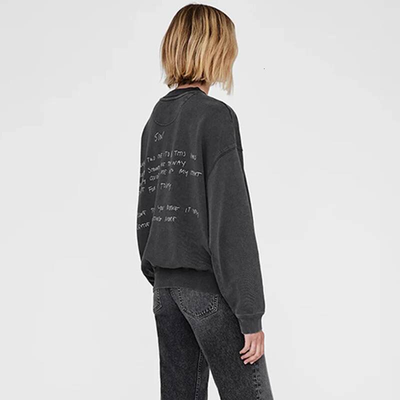 Autumn And Winter North American Niche Graffiti Letter Print Wash Water Stir Fry Color Make Old Black Gray Women's Sweatshirt