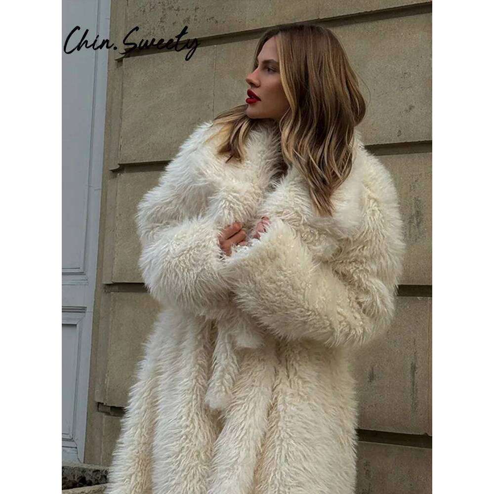 Casual Belt Faux Fur Long Women Coat Urban Full Sleeve Lapel Pocket Thicken Female Streetwear Winter Elegant Lady Outwear luanyun