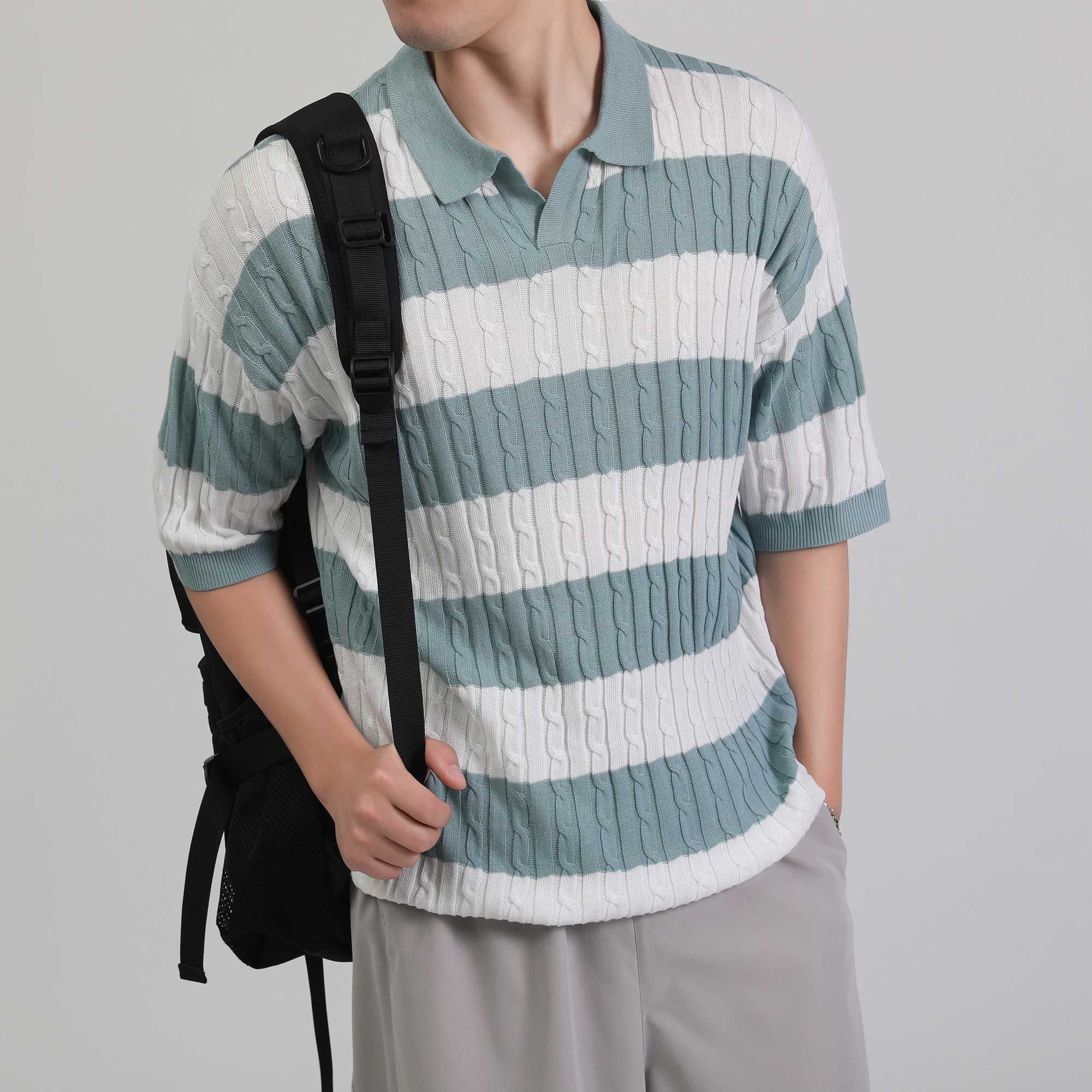 Mens Polo Short Sleeve Retro Knit Lapel Striped Short Sleeve Fashion T-shirt Popular Knitwear Casual Breathable Top US SizeXJ250605