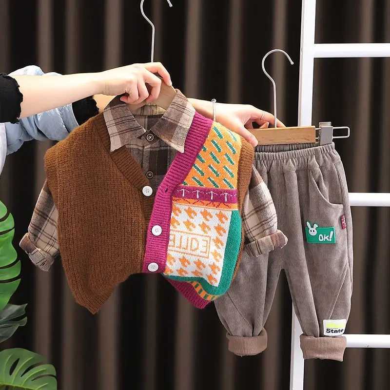 Childrens Sweat Set Korean Baby Boy Clothes 6M-5T Cartoon Knitted Vest + Plaid Shirts + Pants 3PCS Kids Boys Outfit Set R250605