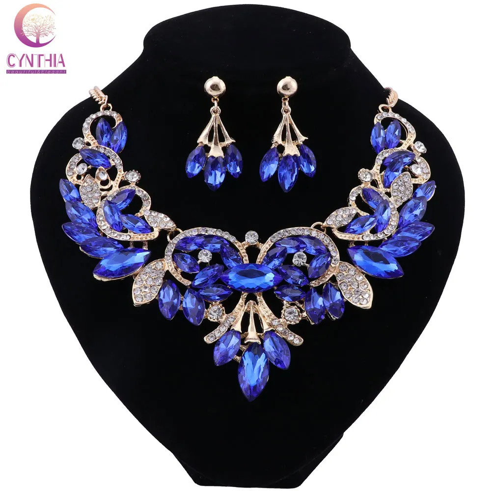 CYNTHIA Fashion Blue Crystal Necklace Earrings Set Bridal Jewelry Sets for Brides Wedding Party Costume Jewellery Set 250530