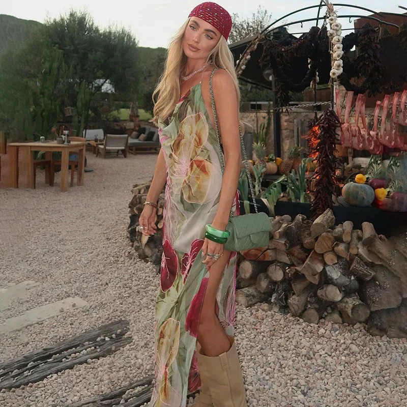 Fashion Flower Print Beach Dress Women Sexy Halter Backless Maxi Holiday Dresses Summer Casual Loose Bikini Cover Up Dress 250605